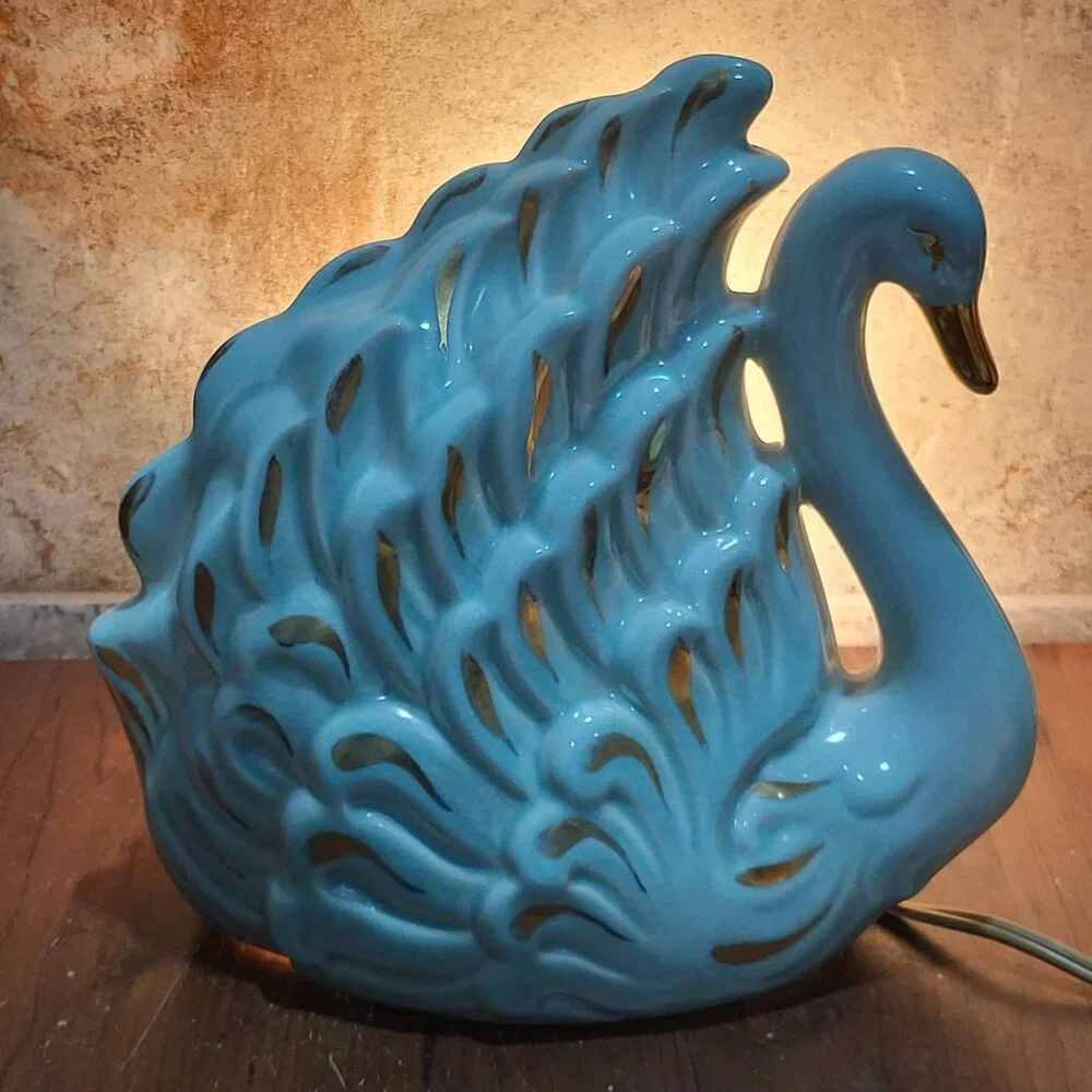 Vintage Gilded Blue Swan TV Lamp Night Light Ceramic